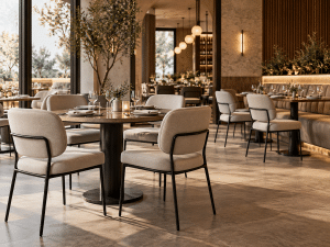 Restoran sandalyesi seçimi için krem döşemeli, siyah metal iskeletli sandalyelerin kullanıldığı modern restoran iç mekânı.